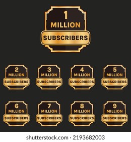 Millionen Abonnenten feiern Banner Vektor, 1 Million bis 9 Millionen Abonnenten Set