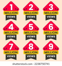 million views celebration background design banner 1m to 9m views label set