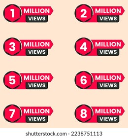 million views celebration background design banner 1m to 8m views label set