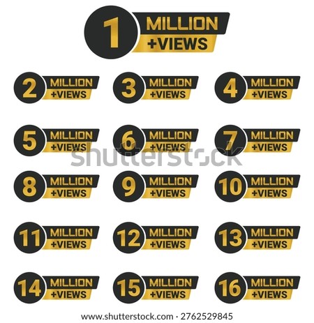 Million Views Celebration Badge Set- Golden Milestone Labels for Social Media and Video Platforms
