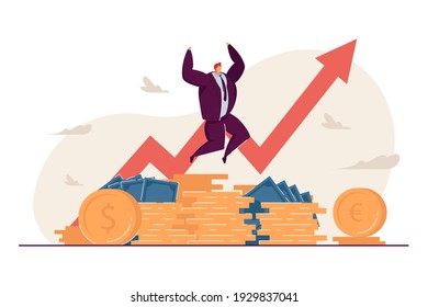 Millionaire happy about income growth. Broker celebrating stock shares climbed. Vector illustration for finance, rich banker, trading success concept