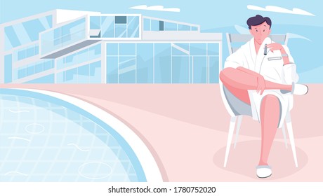 Millionaire house composition with flat doodle character of sitting man in dressing gown with modern building vector illustration