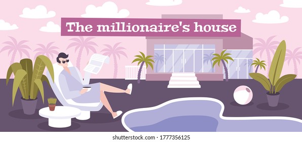 Millionaire House Flat Poster With Rich Man Reading Newspaper Near Swimming Pool At  Private Villa Background Vector Illustration