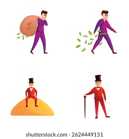 Millionaire icons set cartoon vector. Man with money bag and bunch of gold coin. Wealth, success concept