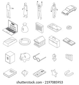 Juego de iconos millonarios. Conjunto isométrico de iconos vectoriales millonarios delinear la línea delgada aislada en blanco