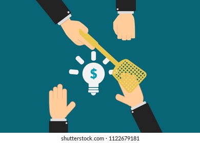 Millionaire idea. The executive hands prevent the employee from taking an idea created in the company. concept of intellectual property rights. Finance concept
