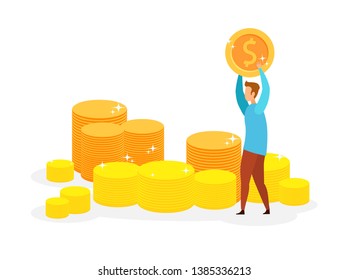 Millionaire, Lottery Winner Vector Illustration. Young Rich Man Holding Golden Coin Cartoon Character. Successful Investment, Happy Businessman, Cheerful Entrepreneur. Financial Genius