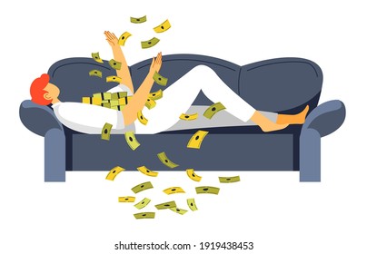 Millionaire man laying on sofa throwing money up in air. Isolated rich male personage with dollars in cash. Prosperity and wealth of character. Receiving income or salary. Vector in flat style