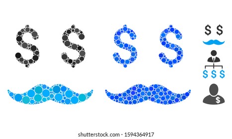 Millionaire mustache mosaic of circle elements in different sizes and color tinges, based on millionaire mustache icon. Vector circle elements are organized into blue mosaic.