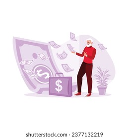  Millionaire older man wearing a long suit throwing away banknotes. Earning Money concept. trend modern vector flat illustration