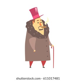 Millionaire Rich Man In Coat And Top Hat Smoking Cigar ,Funny Cartoon Character Lifestyle Situation. Multimillionaire Businessman With Goatee In Red Suit Activity Vector Illustration.