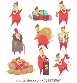 Millionaire Rich Man Funny Cartoon Character And His Money Set Of Lifestyle Situations