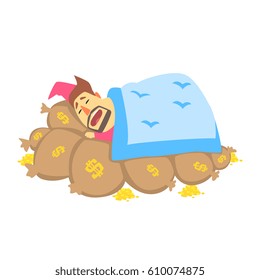 Millionaire Rich Man Using Bags With Money As Bed To Sleep,Funny Cartoon Character Lifestyle Situation