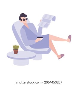 Millionaire rich people flat composition with man sitting in lounge chair wearing rest gown vector illustration
