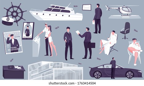 Millionaire rich people set of flat isolated icons and images of luxury private property and transport vector illustration