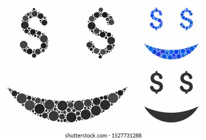 Millionaire smiley composition of filled circles in different sizes and color tones, based on millionaire smiley icon. Vector filled circles are combined into blue illustration.