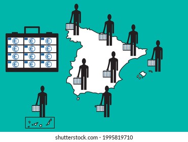 Millionaires in Spain. Map of Spain, the Canary Islands, the Balearic Islands, Ceuta and Melilla with silhouettes of millionaires carrying a briefcase full of euro bills on a water-green background. R