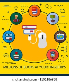 Millions of books at your fingertips flat icons concept. Vector illustration. Element template for design.