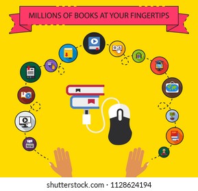 Millions of books at your fingertips flat icons concept. Vector illustration. Element template for design.