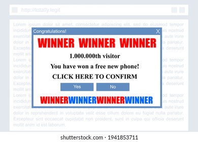 Millionth visitor fake winner pop up window. Malicious online advertising popup banner. Virus danger.