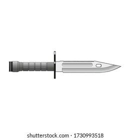 Militario, cazando cuchillos grandes con cuchilla afilada y mango gris. Arma peligrosa sobre fondo blanco