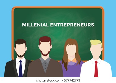 milllenial entrepreneurs illustration with four people in front of green chalk board and  white text