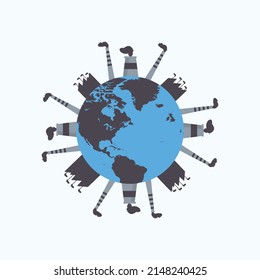 Mills and factories polluting environment concept. Global nuclear power plants and industries are polluting the earth. Factory waste is creating water and air pollution with a world map vector.