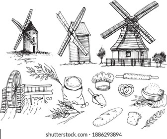 
Molinos, harina, pan, agricultura, campo. Ilustración gráfica a mano. vector. producción de pan, trigo, productos horneados. doodle, estilo de esbozo. Separe los elementos sobre un fondo blanco.