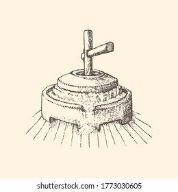 Millstone vintage illustration in vector. Grain grinding equipment, hand drawn sketch in engraving style