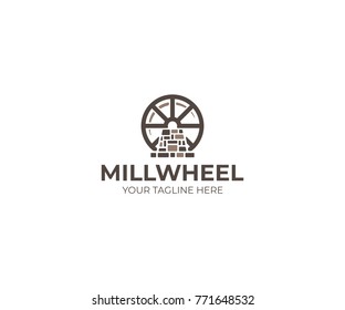 Millwheel Logo Template. Watermill Vector Design. Mill And Water Illustration