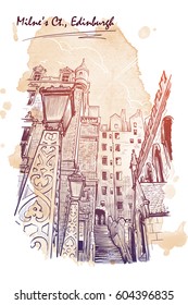 Milne's court passageway. Edinburgh, Scotland, the UK. Urban sketch series. Ink or engraving style sketch on grunge spot background. Editable EPS10 vector illustration.