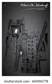 Milne's court passageway at night. Edinburgh, Scotland, the UK. Urban sketch series. Ink or engraving style sketch isolated on textured night sky background. Editable EPS10 vector illustration.