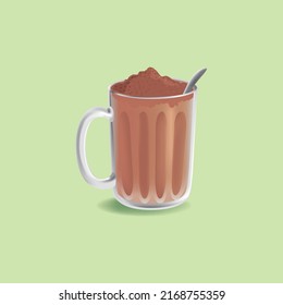 Ilustración vectorial de bebida de chocolate caliente de milo en taza de vidrio transparente con cuchara metálica