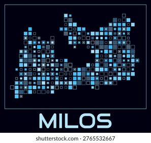 Milos digital style map. Large square dots on dark background. Dotted shape of the island. Milos map and title. Modern vector illustration.