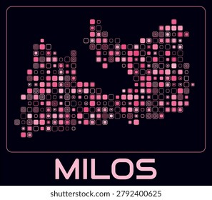 Milos digital style map. Large roundedSquare dots on dark background. Dotted shape of the island. Milos map and title. Stylish vector illustration.