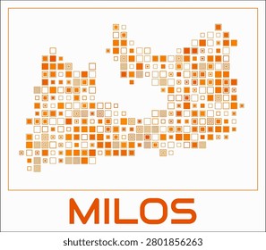 Milos digital style map. Large square dots on white background. Dotted shape of the island. Milos map and title. Vibrant vector illustration.