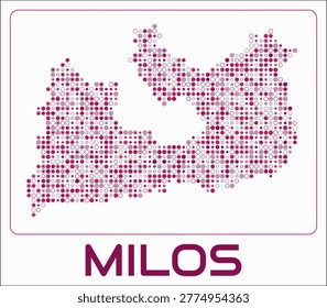 Milos digital style map. Small circle dots on white background. Dotted shape of the island. Milos map and title. Stylish vector illustration.