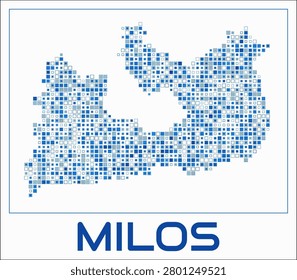 Milos digital style map. Small square dots on white background. Dotted shape of the island. Milos map and title. Modern vector illustration.