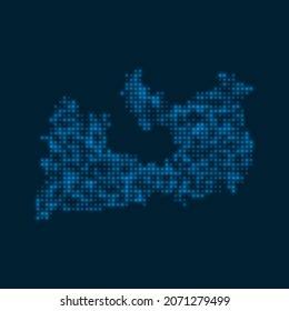 Milos dotted glowing map. Shape of the island with blue bright bulbs. Vector illustration.