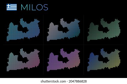 Milos gepunkteter Kartensatz. Karte von Milos im gepunkteten Stil. Grenzen der Insel gefüllt mit schönen glatten Gradientenzirkeln. Coole Vektorgrafik.