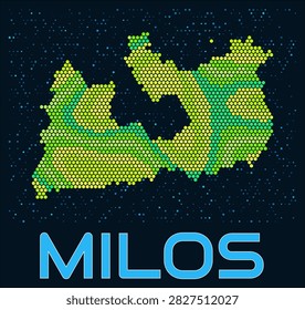 Milos hexagon dots map. Greece. Digital style shape of the island. Milos map and title. Tiny green colored hexagons, sparse blue dots at background. Vector Illustration.