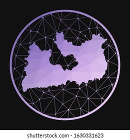 Milos icon. Vector polygonal map of the island. Milos icon in geometric style. The island map with purple low poly gradient on dark background.