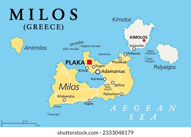 Milos, island of Greece, political map. Volcanic Greek island in the Aegean Sea and part of the Cyclades. Together with Antimilos and smaller islets a municipality, neighboring Kimolos and Polyaigos.