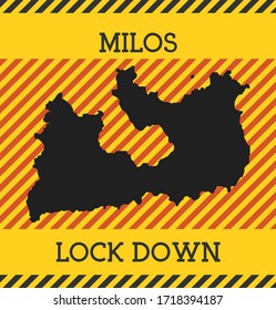 Milos island lockdown warning sign with a yellow pandemic danger icon.