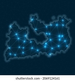 Mapa de red de Milos. Mapa geométrico abstracto de la isla. Conexiones digitales y diseño de telecomunicaciones. Red de Internet brillante. Ilustración vectorial con estilo.