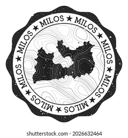 Milos outdoor stamp. Round sticker with map of island with topographic isolines. Vector illustration. Can be used as insignia, logotype, label, sticker or badge of the Milos.