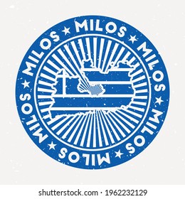 Milos round stamp. Logo of island with flag. Vintage badge with circular text and stars, vector illustration.