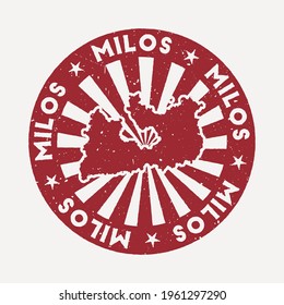 Milos stamp. Travel red rubber stamp with the map of island, vector illustration. Can be used as insignia, logotype, label, sticker or badge of the Milos.