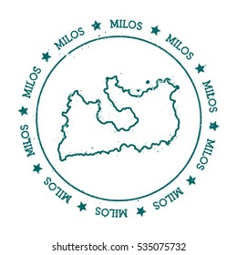 Milos vector map. Retro vintage insignia with island map. Distressed travel stamp with Milos text wrapped around a circle and stars. Milos map vector illustration.