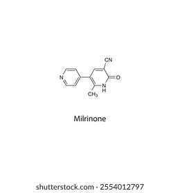 Milrinone flat skeletal molecular structure phosphodiesterase inhibitor drug used in heart failure treatment. Vector illustration scientific diagram.